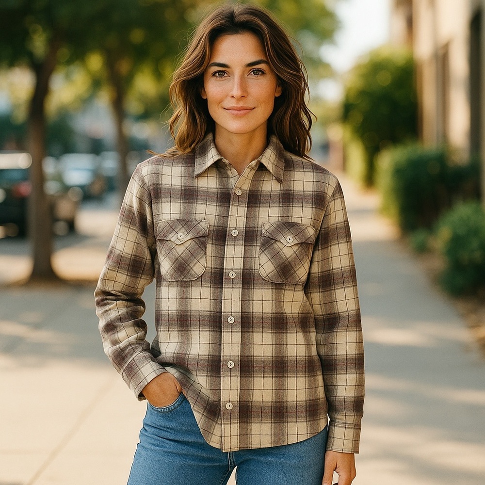Luciano Barbera Women’s Shirt Wool Plaid Button Down Size III Brown